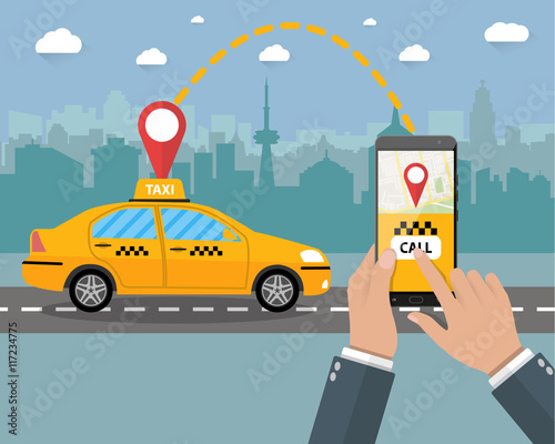 Yellow taxi cab. Hands, smartphone, application