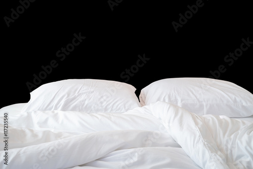 Bilde på lerret White bedding sheets and pillow isolated on black. Saved with cl