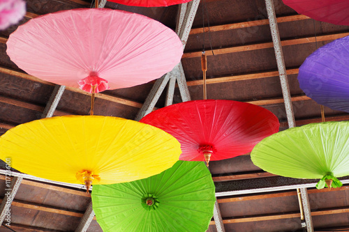 Handmade umbrellas hanging on the ceiling