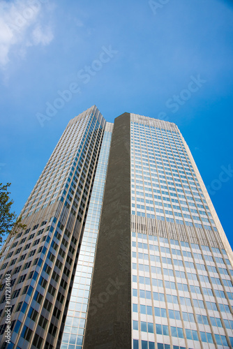 Bottom view of modern skyscrapers in business district