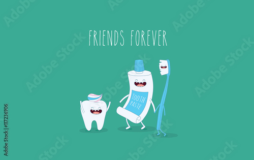 Funny toothpaste with tooth and toothbrush. Friend forever. Vector illustration.