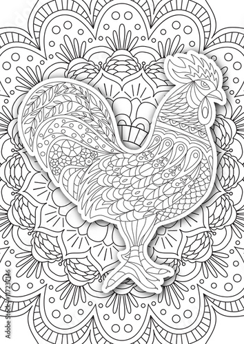Printable coloring book page for adults - rooster design, activity to older children and relax adult. vector   with the symbol of the new year 2017. outline colorful 