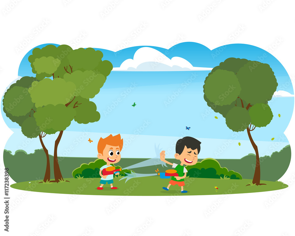Fototapeta premium happy boys playing with water guns