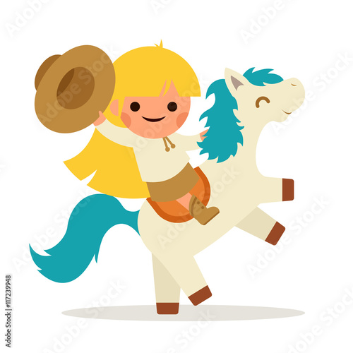 Little Happy Girl Ride Horse Pony Cowboy Cowgirl Waving Hat Symbol Smiling Child Icon Concept Isolated Flat Design Vector Illustration
