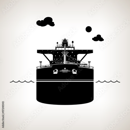 Front View of the Vessel, Oil Tanker on Light Background, International Freight Transportation, Silhouette Vessel for the Transportation of Goods, Vector Illustration