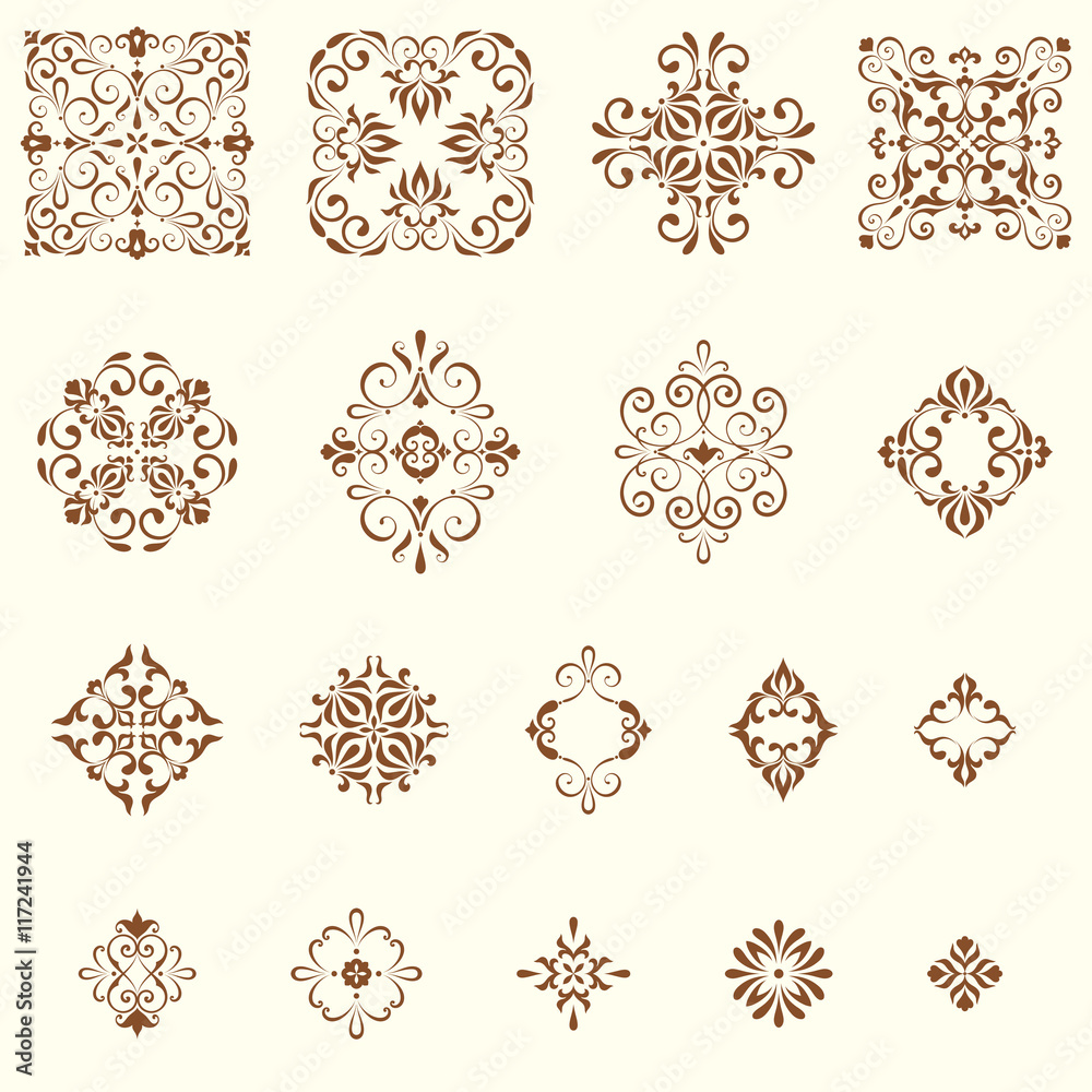 Vector arabesques and swirl ornate motifs. Can be used for creation damask seamless patterns. 