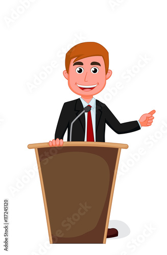 Cartoon businessman presentation on podium