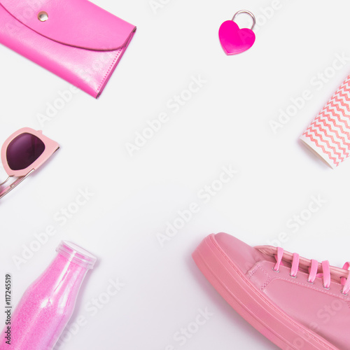 funky pink set with shoe and accessories. negative space in the middle