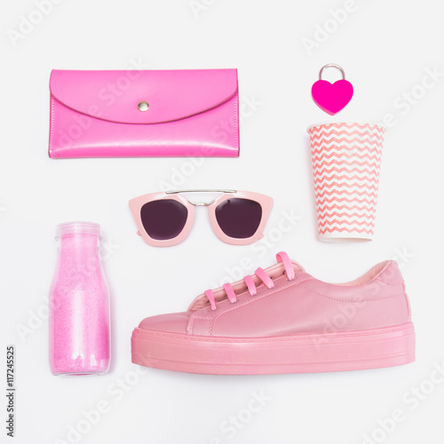 pink fashion trendy woman's set with sneaker and accessories