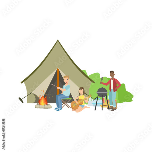Friends Doing Barbecue With The Bonfire And Tent