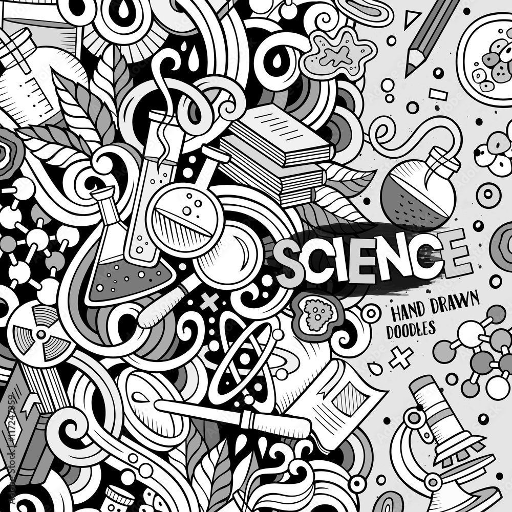 Cartoon cute doodles hand drawn Science frame design. Line art d Cartoon cute doodles hand drawn Science frame design. Line art d