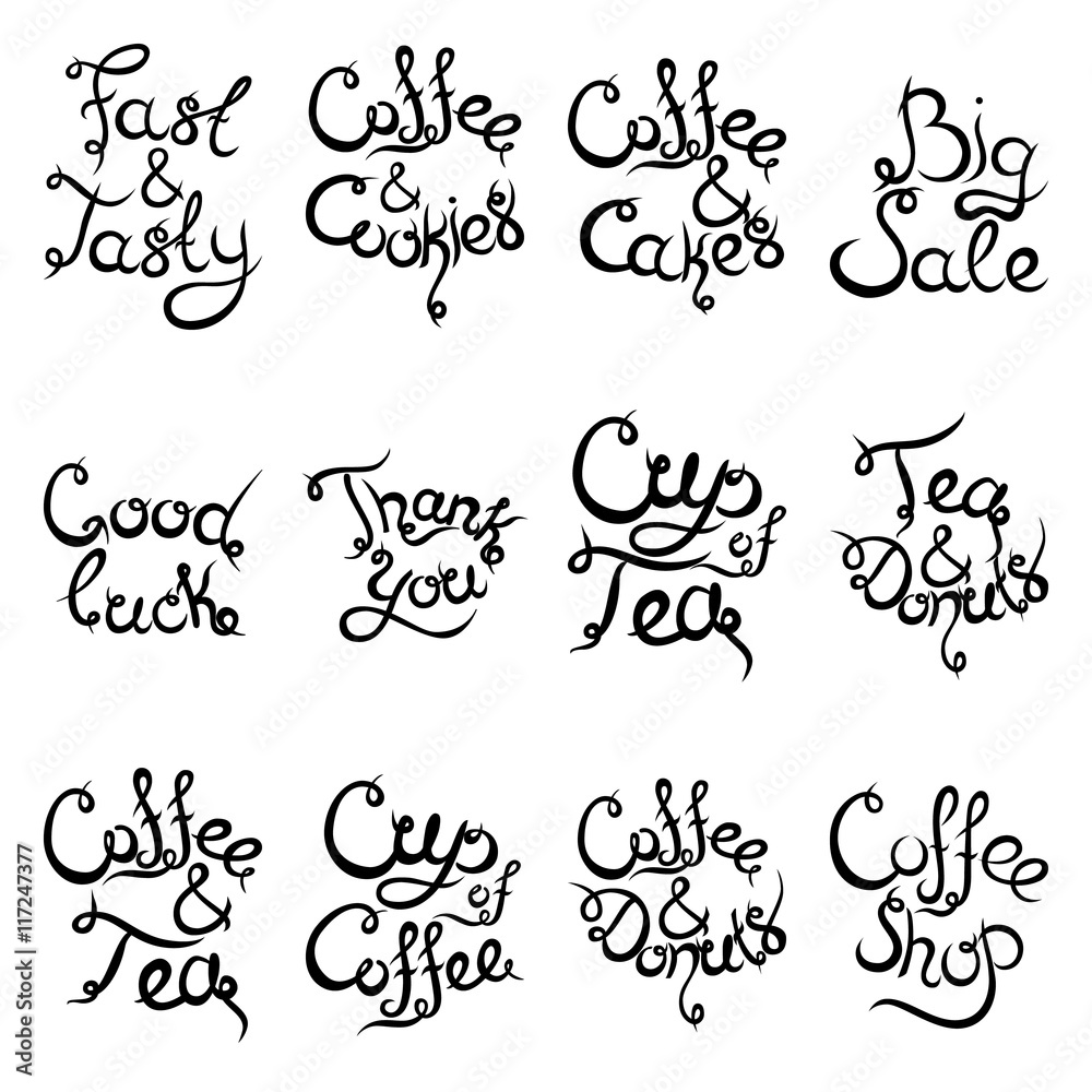 Set 2 of curly lettering Phrases for Coffee Shop. Vector illustration.