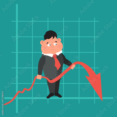 Sad businessman with graph indicating a regression. The concept of business failure, bankruptcy. Vector illustration