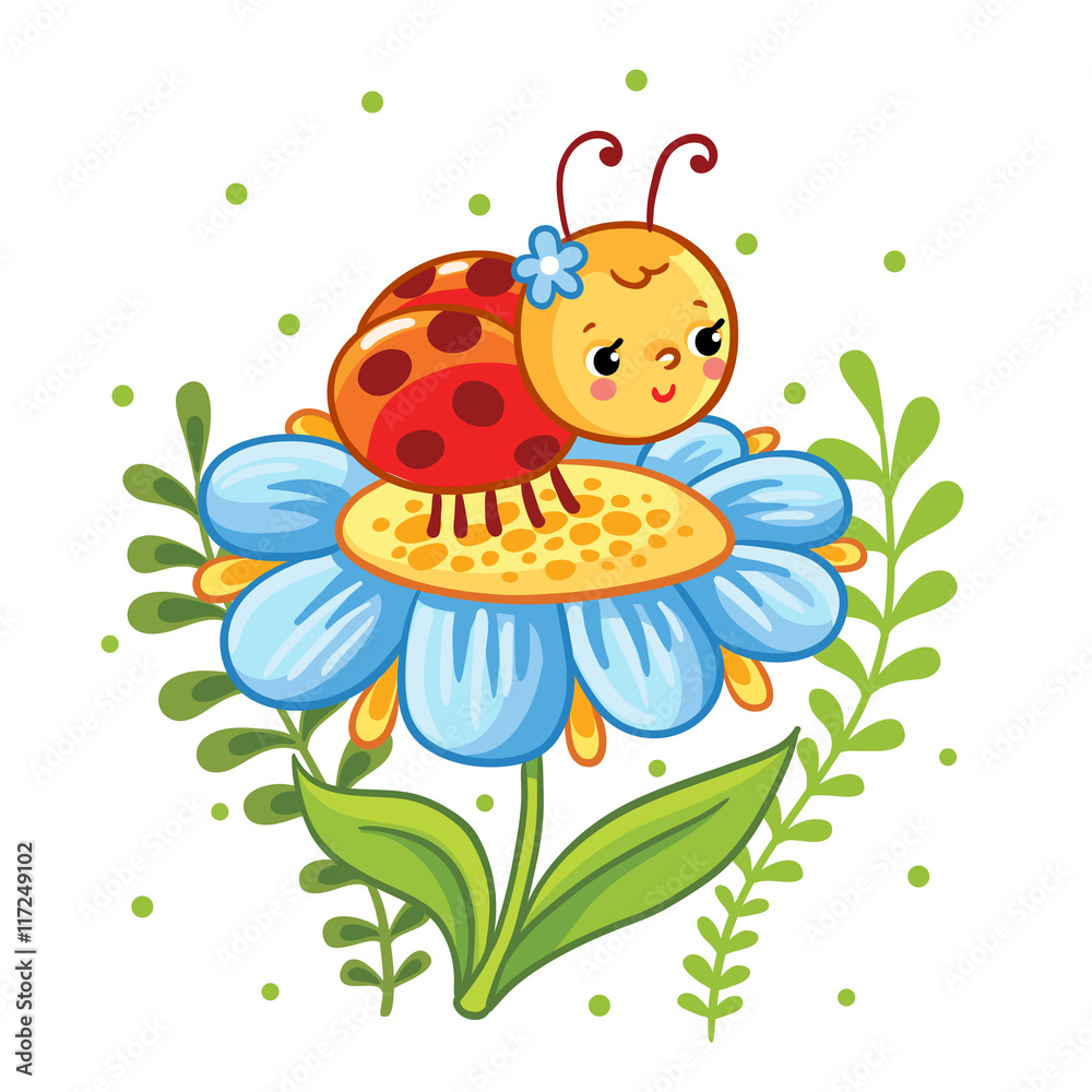 Fototapeta premium Vector illustration in cartoon style. Ladybug sitting on a flower. Cute insect in the flowers.