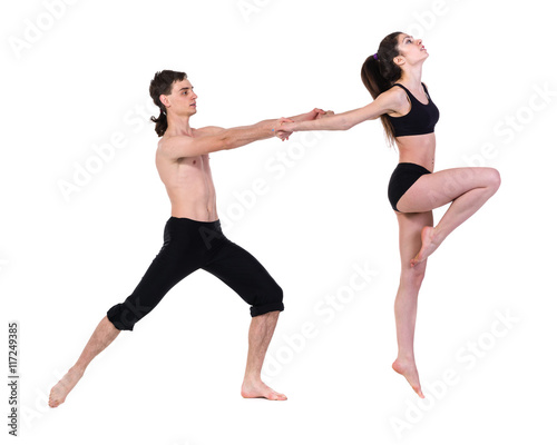 couple man and woman exercising fitness dancing on white background