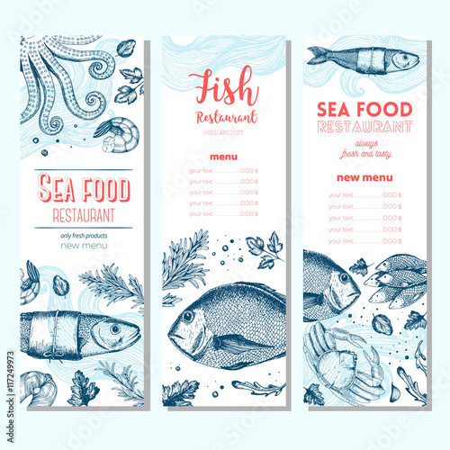 Seafood vintage design template. Vertical banners set. Vector illustration hand drawn linear art. Fish and seafood restaurant menu