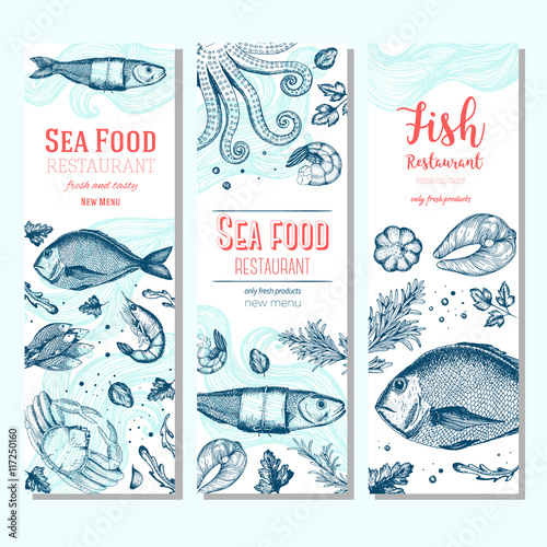 Seafood vintage design template. Vertical banners set. Vector illustration hand drawn linear art. Fish and seafood restaurant menu