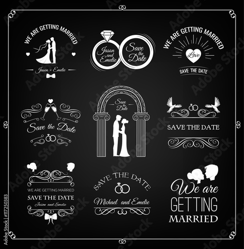 Set of wedding invitation template. vintage design elements. Isolated On Black. Vector