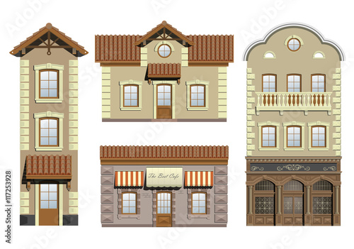 A set of different classical facade in beige tones like cafe, house, store vector graphics