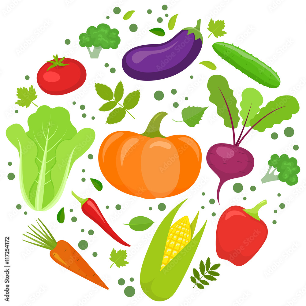 Set of colorful vegetables in circle shape background. Template for packaging, cards, posters and eco food menu. Vector stock illustration.