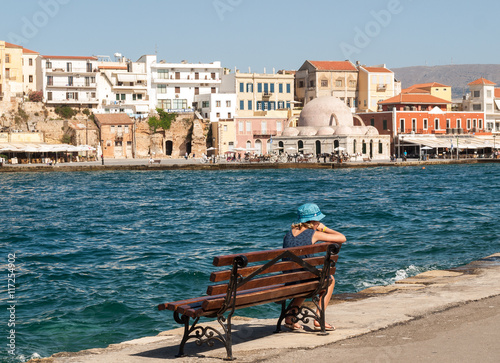 Bild auf Leinwand Tavernas and restaurants surrounding the harbour of Chania, Crete, Greece
