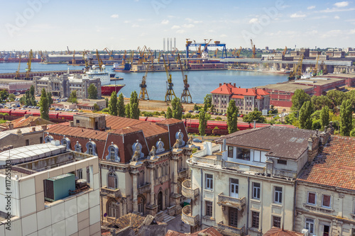 Constanta industrial area port.  Heavy load port cranes in Constanta.Top view over the Constanta shipyard the largest port on the Black Sea
