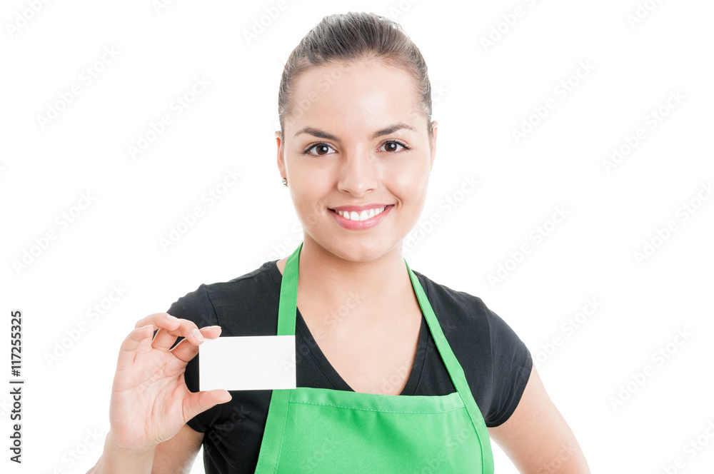 Portrait of cute employee with empty visit card Portrait of cute employee with empty visit card