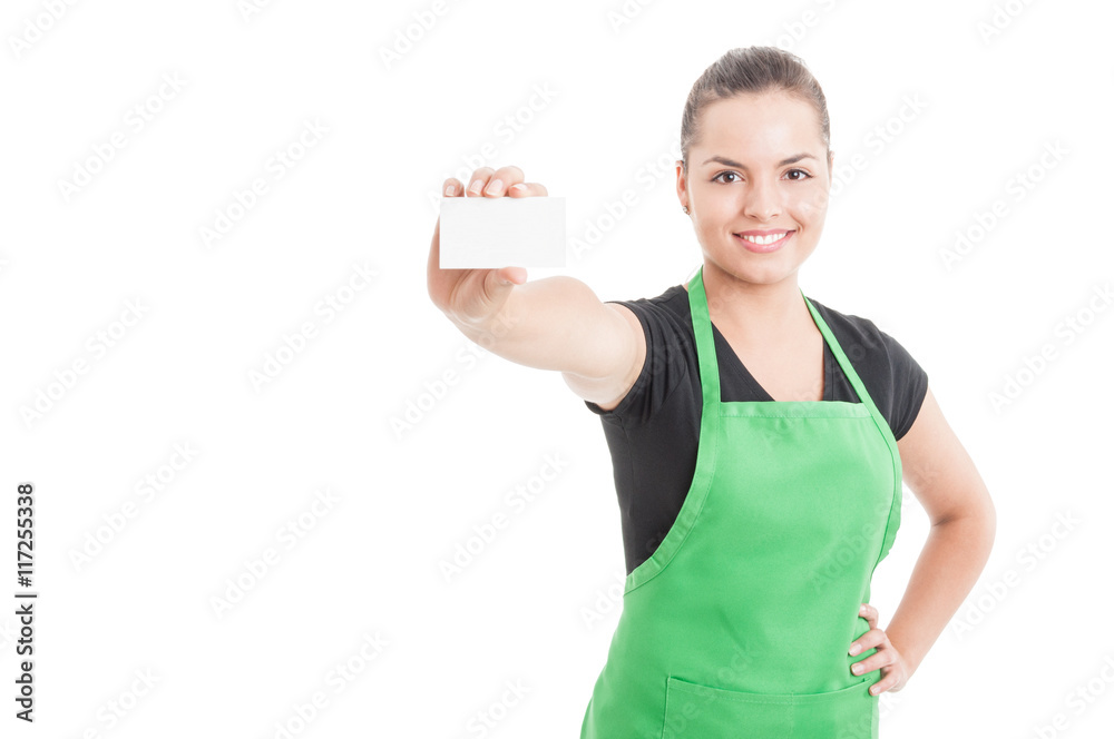 Happy smiling employee handing blank visit card Happy smiling employee handing blank visit card
