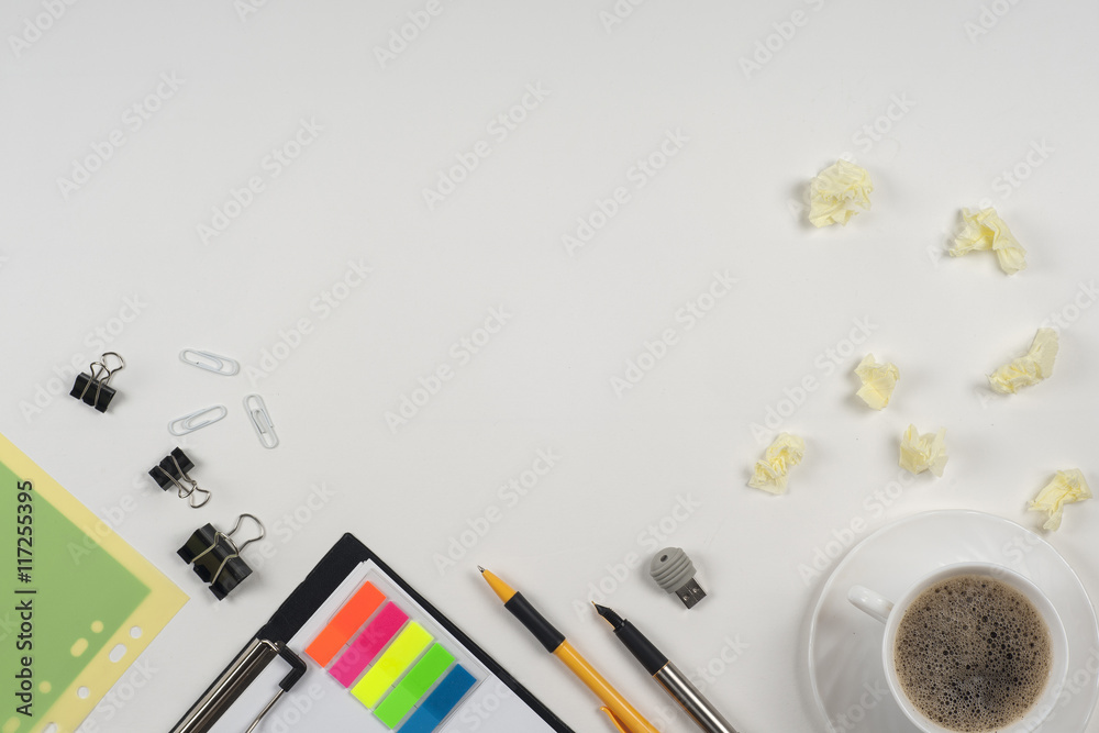 Office table desk with set of colorful supplies, white blank not