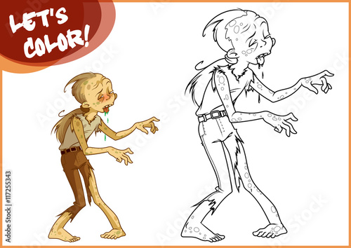 Funny brown zombie. Page for coloring book.