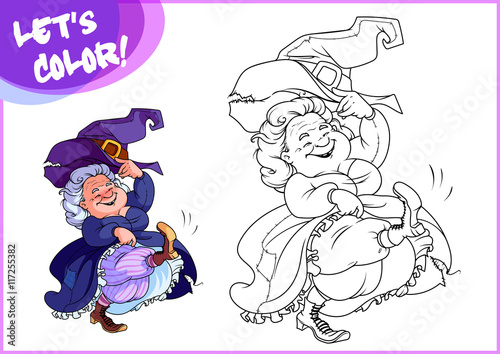 Funny dancing old witch. Page for coloring book.