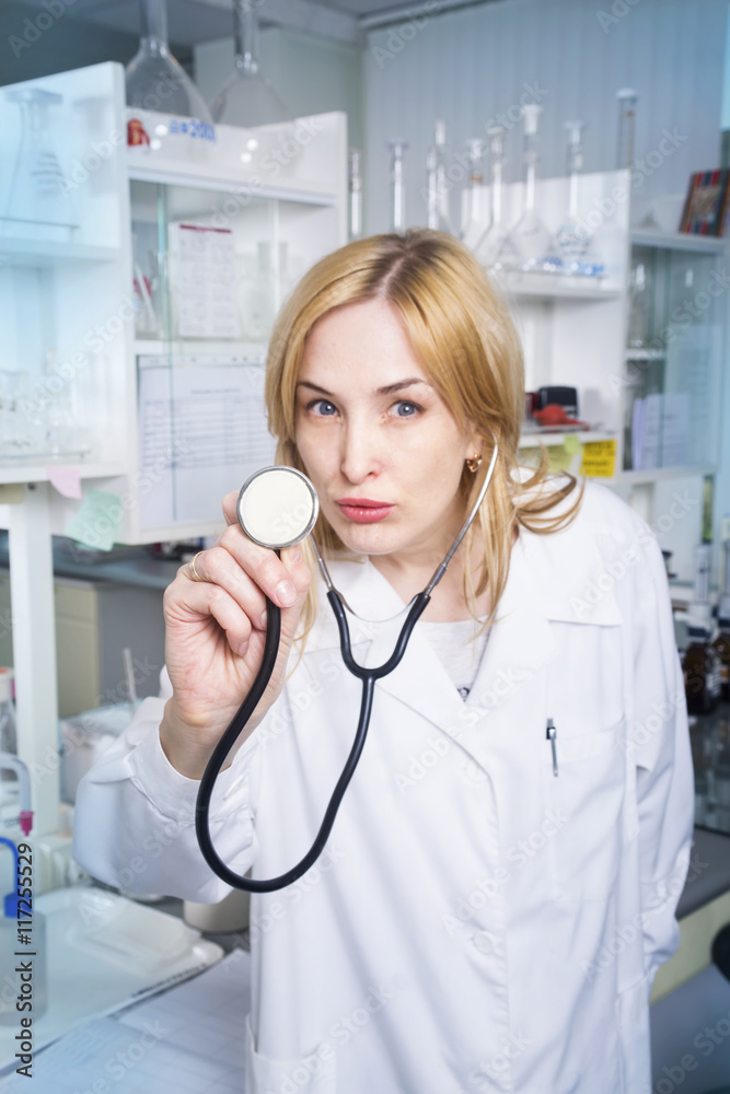 Expressive woman medical student in laboratory Expressive woman medical student in laboratory