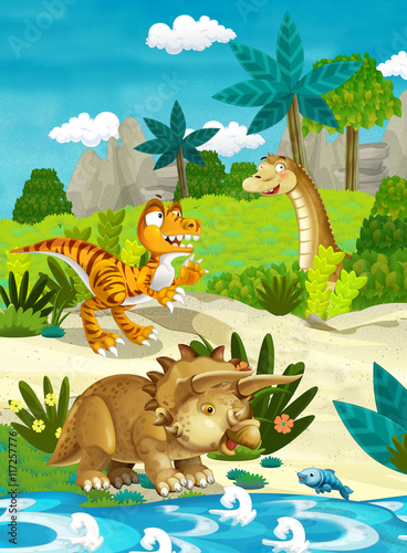 Fototapeta Kreskówka szczęśliwy dinosaur - ilustracja dla dzieci