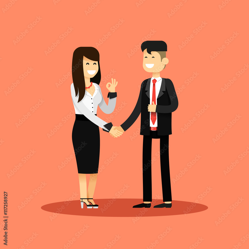 Fototapeta premium Business woman and man of transaction, in black white costume vector illustration. Office staff, isolated characters girl happy face, people success, manager and employee. Business concept in flat.