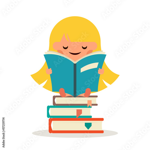 Little Happy Girl Read Fairy Tail Book Education Symbol Smiling Child Learn Icon Concept Isolated Flat Design Vector Illustration