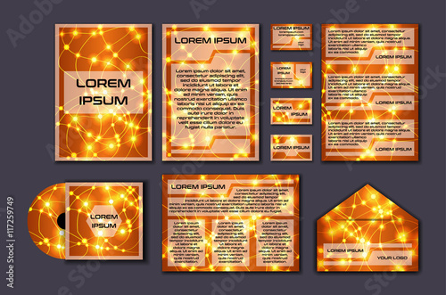 Corporate template set with glowing abstract layout. Vector company style for brandbook and guideline.