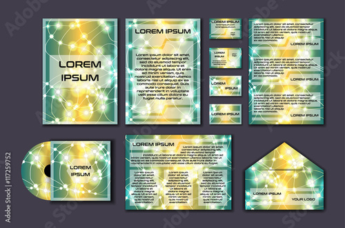 Corporate template set with glowing abstract layout. Vector company style for brandbook and guideline.