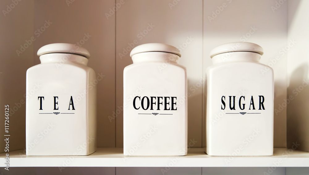 Αυτοκόλλητο Modern tea coffee and sugar bowl in pantry shelf