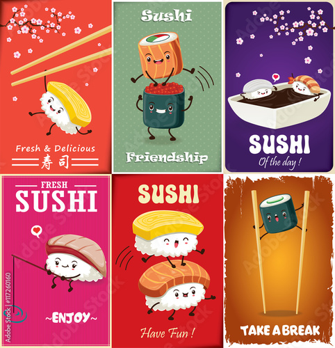 Vintage Sushi poster design with vector sushi character. Chinese word means sushi.