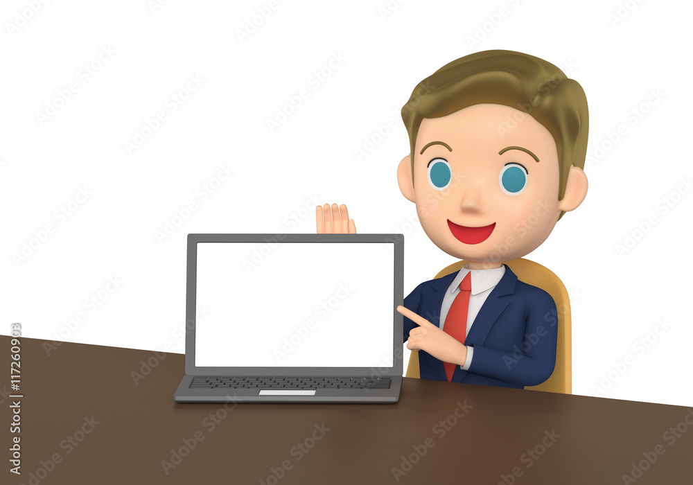 3D illustration character - The small business man who talks while showing a note PC. 3D illustration character - The small business man who talks while showing a note PC.