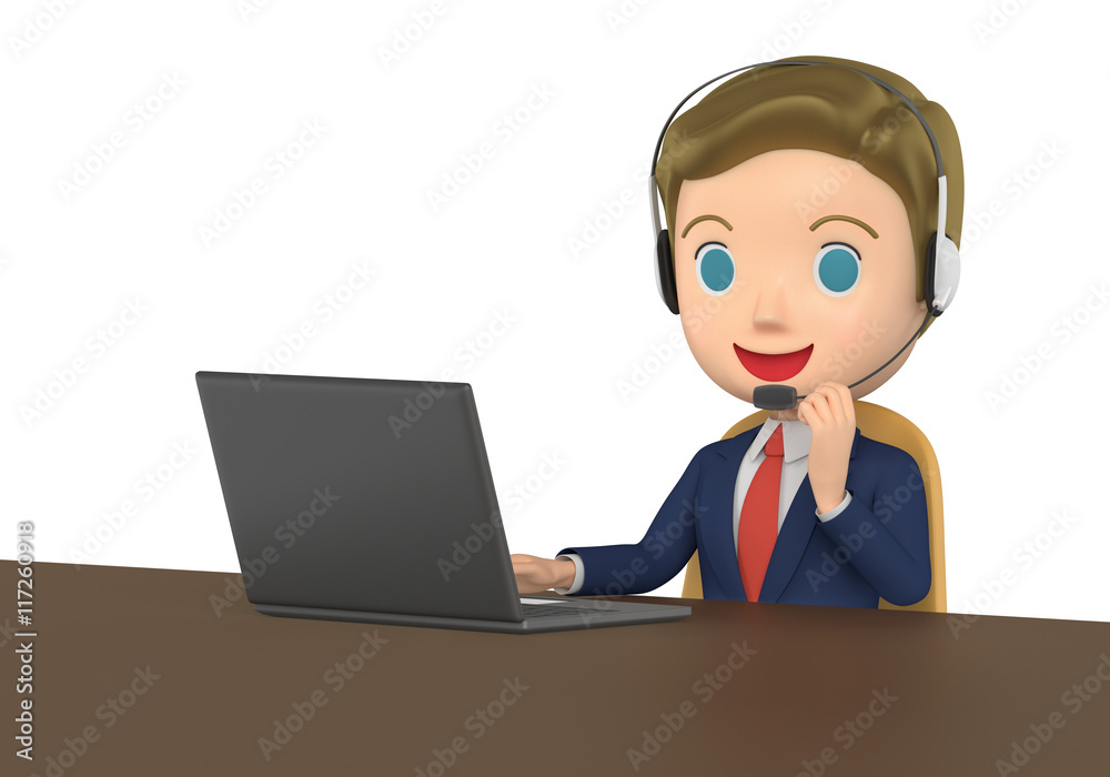 3D illustration character - The small business man who talks while watching a note PC. 3D illustration character - The small business man who talks while watching a note PC.