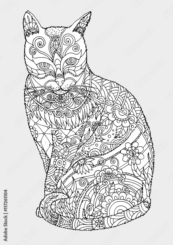 custom made wallpaper toronto digitalCat zentangle by hand drawing.Cat tattoo on white background.