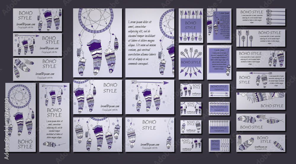 Vector set of abstract ethnic flyers with arrows, dreamcatcher, feather frames. Boho design brochure templates. Vector set of abstract ethnic flyers with arrows, dreamcatcher, feather frames. Boho design brochure templates.
