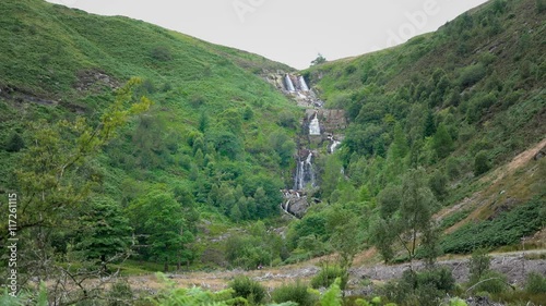 welsh landscape Rhiwargor Waterfall - Afon Eiddew valley, Lake Vyrnwy, North Wales, United Kingdom: July 2016 photo