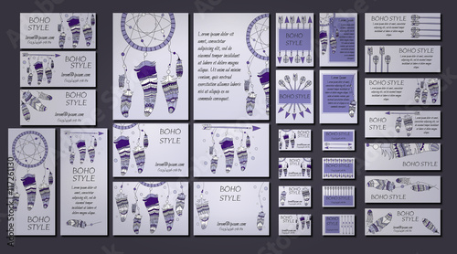 Vector set of abstract ethnic flyers with arrows, dreamcatcher, feather frames. Boho design brochure templates.