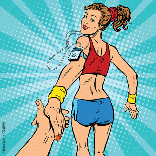 follow me, young woman running athlete