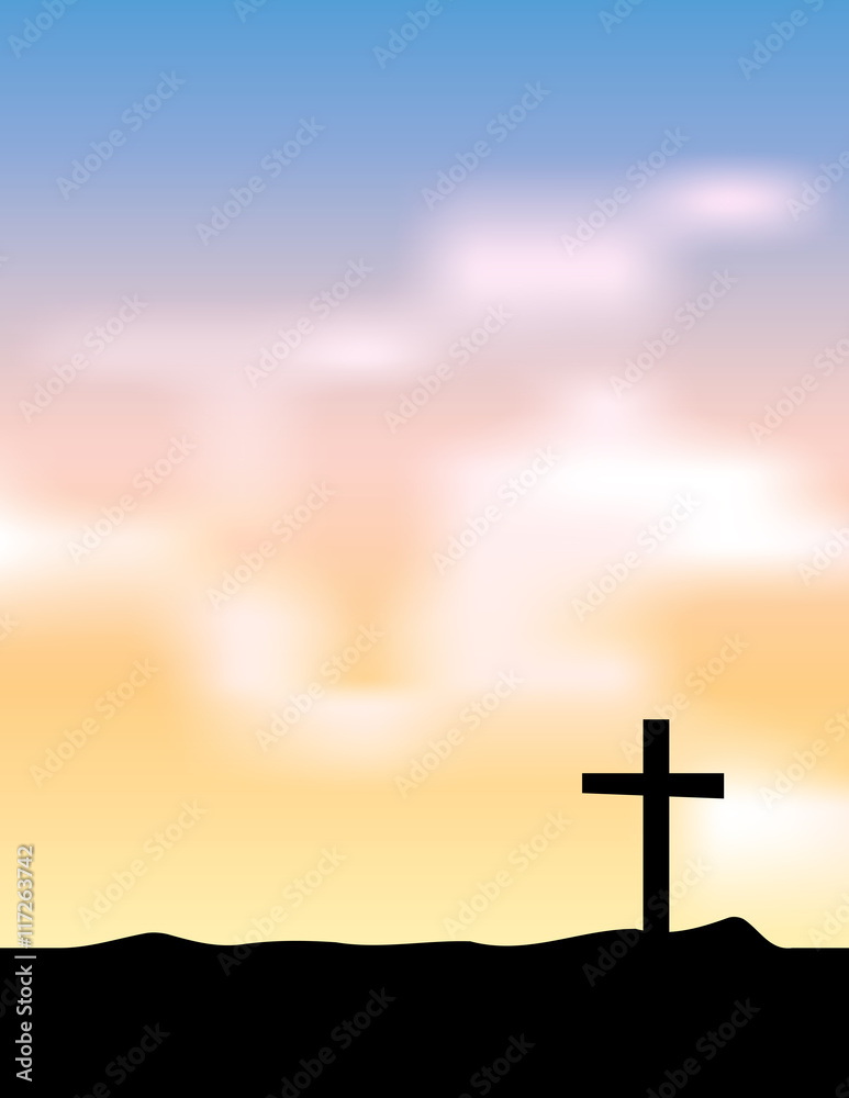 Christian Cross Silhouette at Sunrise Sunset Illustration