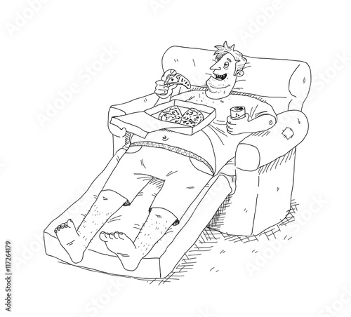 Obesity. A hand drawn vector cartoon illustration of a lazy fat guy sitting on a sofa, eating pizza and drinking soft drink.