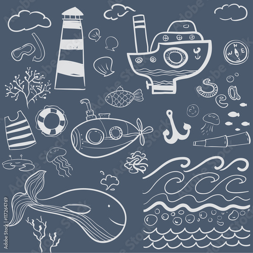 Set of vector icons on the marine theme. sea background. vector objects. Cute hand drawing cartoon icons