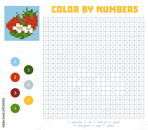 Color by number, fruits and vegetables, strawberry